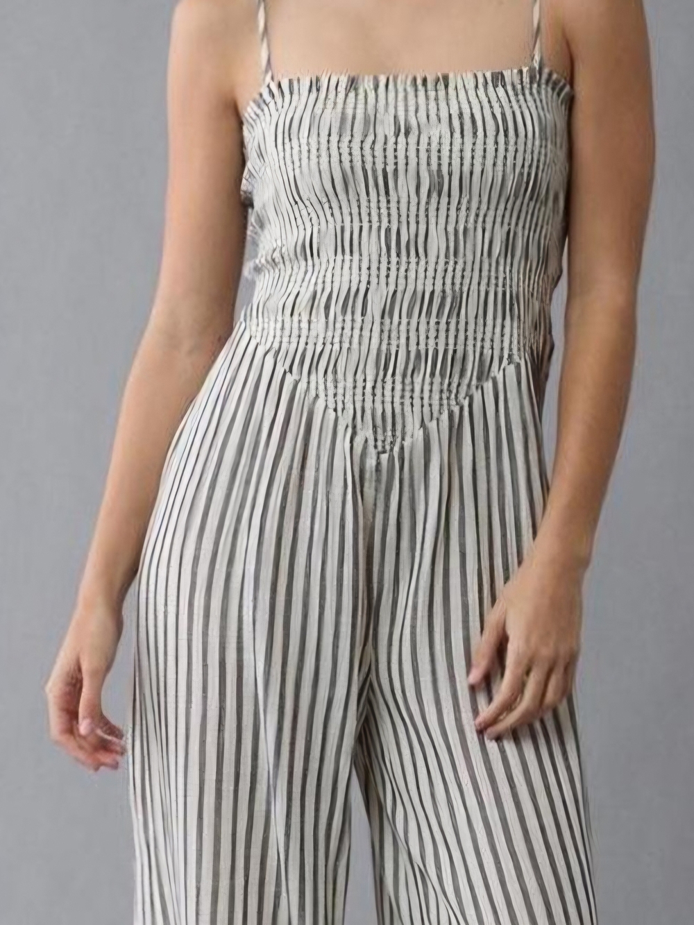 America Eagle Striped Smocked Jumpsuit - White/Black